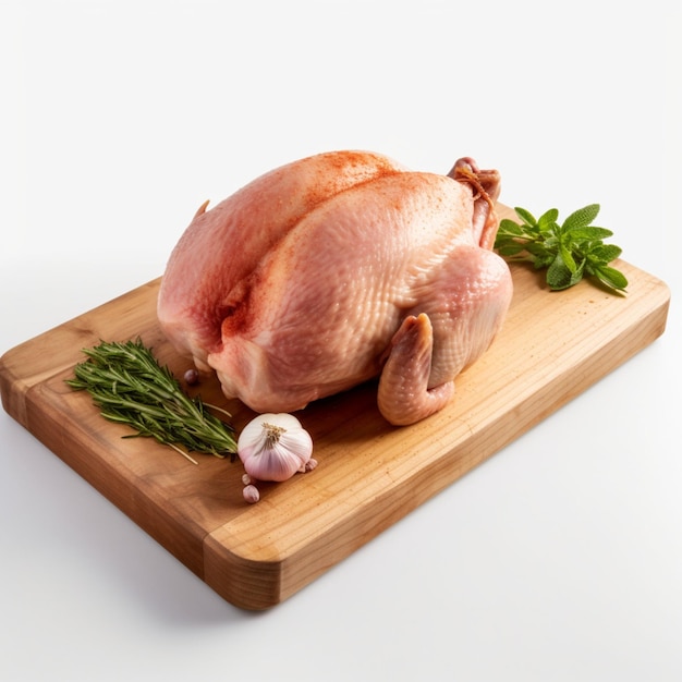 Un poulet sur une planche à découper en bois avec des herbes et un brin de thym.