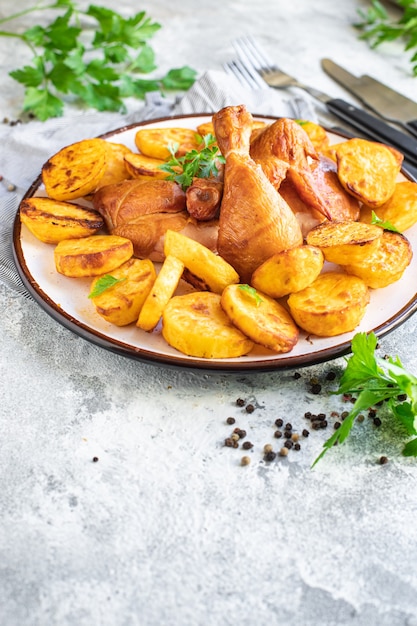 Poulet et pommes de terre frits légumes cuits au four plat de viande de volaille sur la table collation repas sain