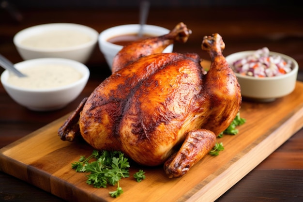 Poulet rôti d'Alabama placé sur une dalle en bois avec une sauce barbecue blanche à proximité