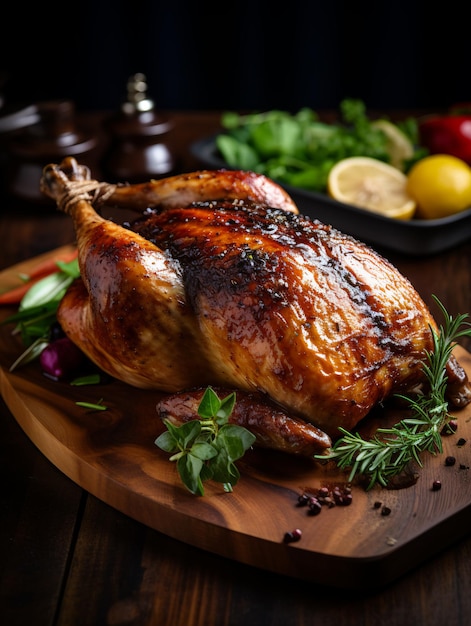 Poulet rôti sur une assiette en bois