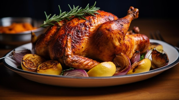 Poulet rôti sur une assiette en bois