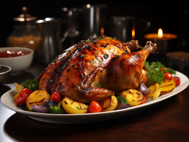 Photo poulet rôti sur une assiette avec des légumes le jour de thanksgiving généré par l'ia