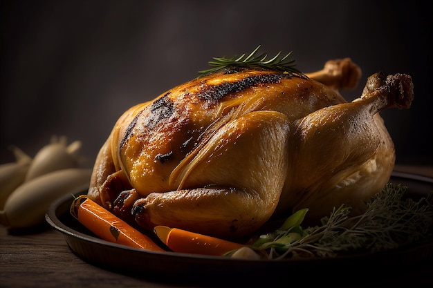 Un poulet rôti sur une assiette avec des légumes