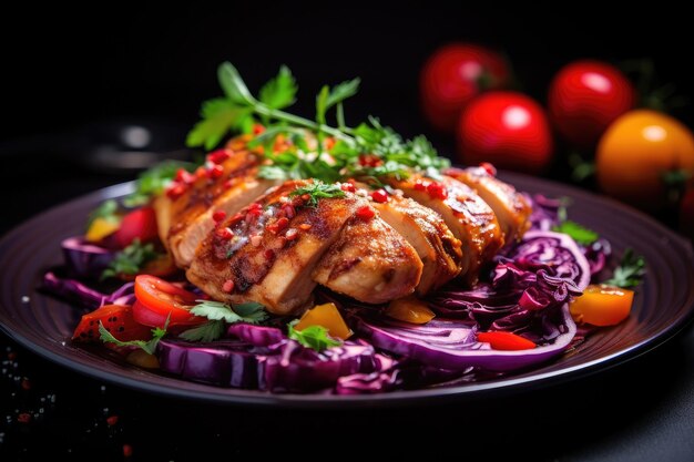 Poulet rôti avec chou et tomates sur une assiette sombre