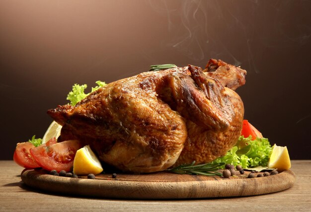 Poulet rôti entier avec des légumes sur une table en bois sur fond marron