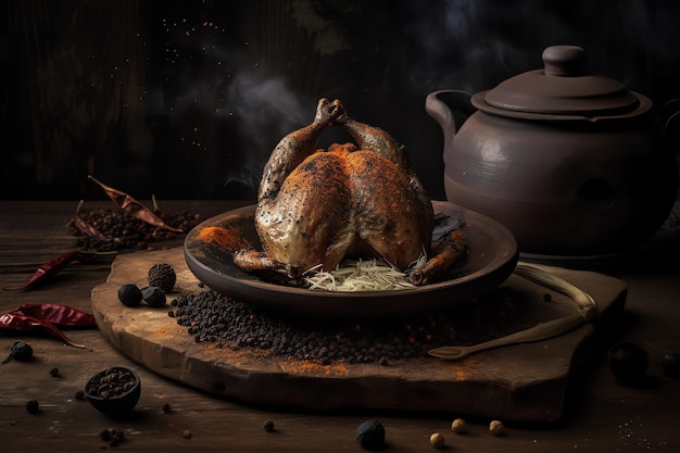 Un poulet rôti est sur une table avec un pot de nourriture en arrière-plan.