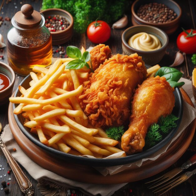 Photo poulet rôti avec des frites et une très délicieuse mayonnaise.