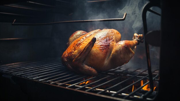 Poulet rôti juteux sur le gril avec fond de feu et de fumée Poulet assaisonné grillé sur le délicieux barbecue