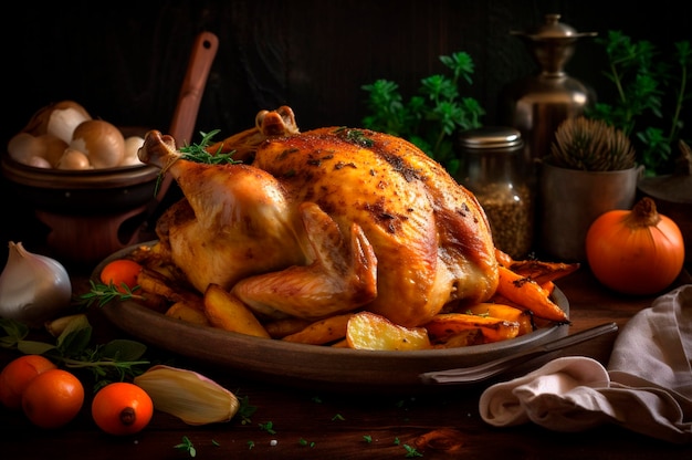 Poulet rôti juteux avec des légumes dans un plat allant au four sur une table en bois rustique décorée générée par l'IA