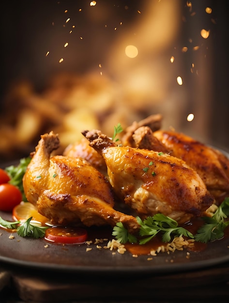 Poulet rôti avec des légumes et des épices sur une planche de bois à fond sombre