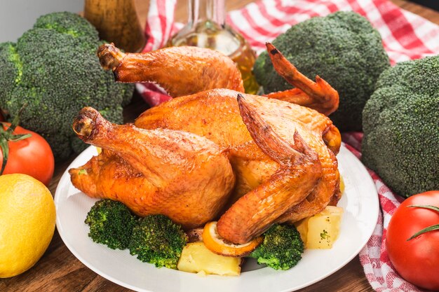 Poulet rôti et légumes sur table en bois