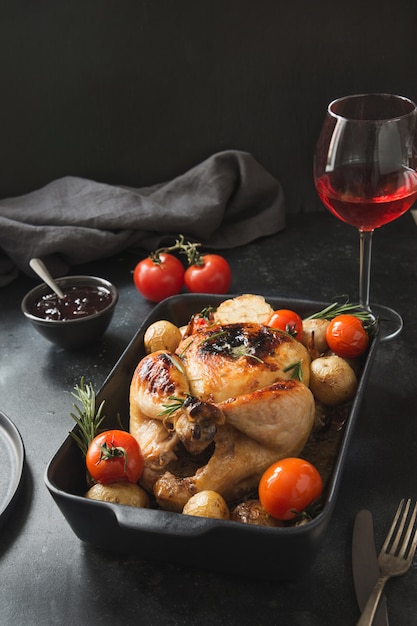 Poulet rôti avec légumes et verre à vin sur fond noir.