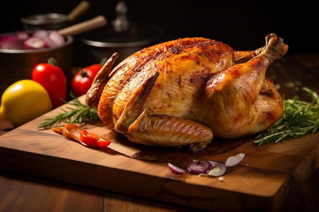 Poulet rôti sur une planche de bois