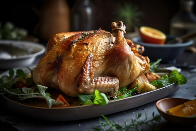 Un poulet rôti sur un plateau avec une garniture au citron et au romarin.