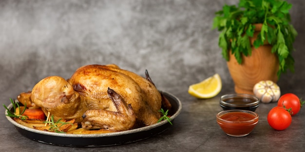 Photo poulet rôti, pommes de terre et légumes en assiette sur fond gris. vue de côté