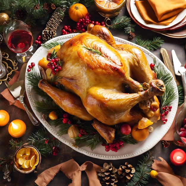 Photo poulet rôti ou poulet pour le dîner de fête de thanksgiving ou de noël