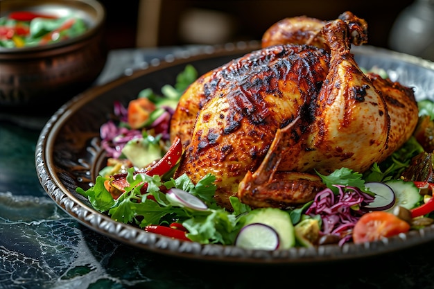 Photo poulet rôti avec salade sur assiette