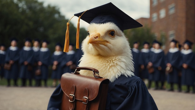 un poulet avec un sac à dos et un chapeau de graduation dessus