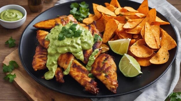 Photo poulet avec sauce guasacaca d'avocat, poivre vert et herbes et chips de patate douce sur assiette noire