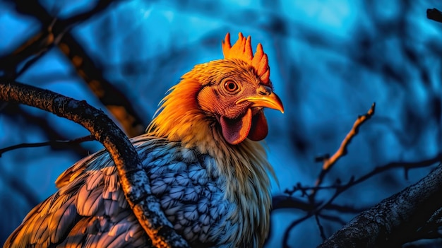 Un poulet sauvage sur l'arbre, un beau poulet avec des yeux orange.