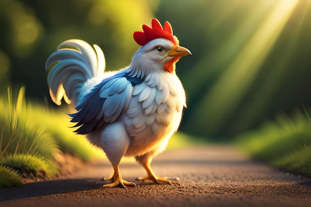 Un poulet se dresse sur une route avec des montagnes en arrière-plan