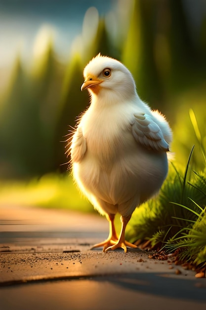 Un poulet se tient sur un chemin devant une montagne