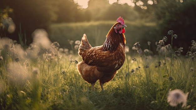 Un poulet se tient dans un champ d'herbe