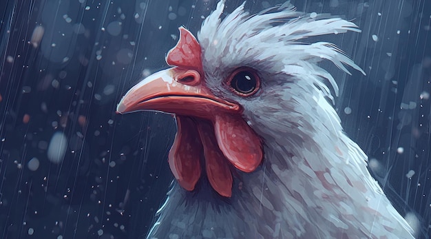 Un poulet sous la pluie