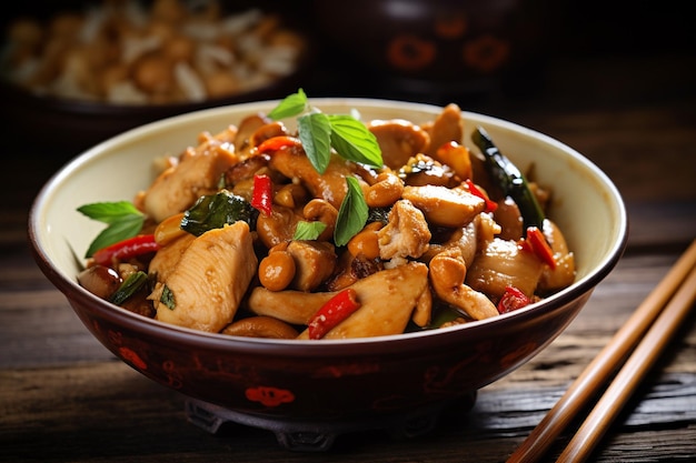 Poulet stir-fry servi dans un pot d'argile rustique avec un côté de riz brun