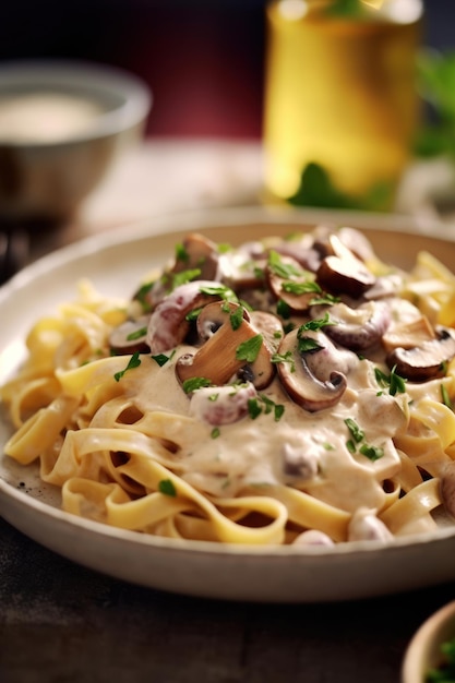 Poulet Stroganoff crémeux servi sur des nouilles aux œufs et une sauce aux champignons