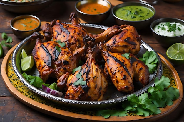 Le poulet tandoori est un plat de poulet avec oignon et chutney vert