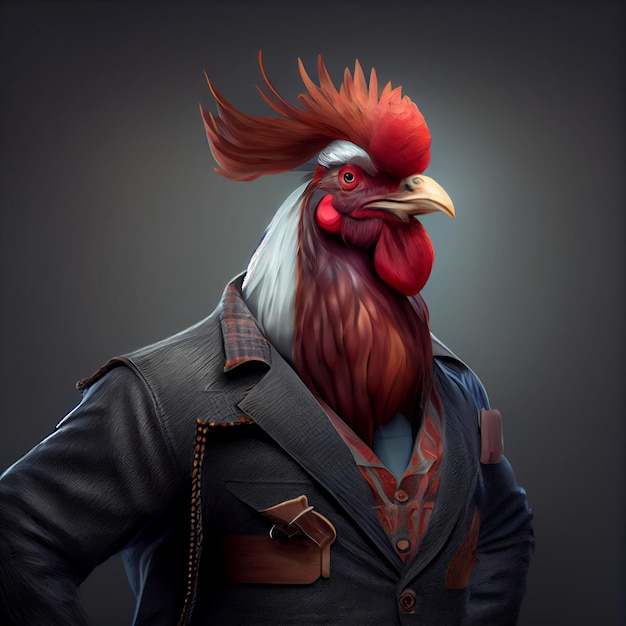 Un poulet à tête rouge et à bec rouge porte une veste.