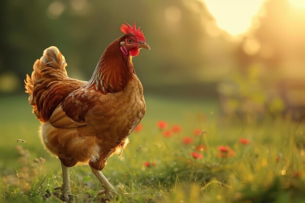 un poulet avec une tête rouge et un peigne rouge dans l'herbe