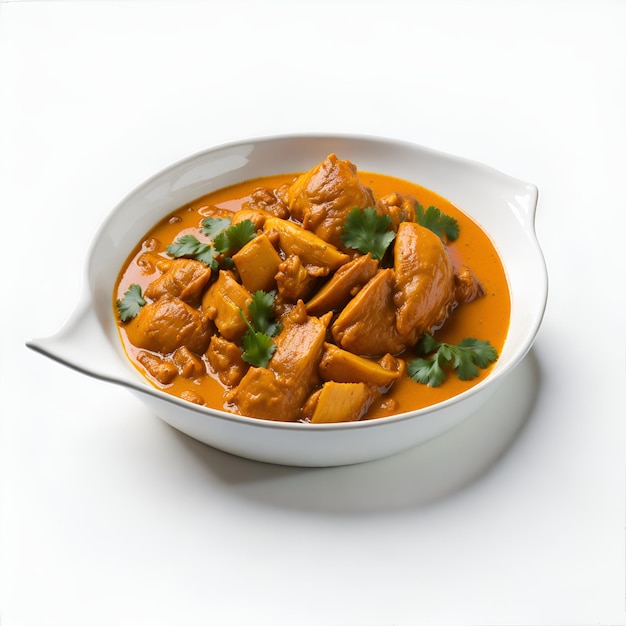 Photo poulet tikka masala avec du riz sur fond blanc