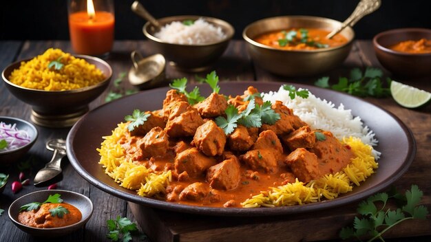 Un poulet tikka masala magnifiquement plaqué à la vapeur avec de riches épices aromatiques est assis au sommet d'un woo sombre