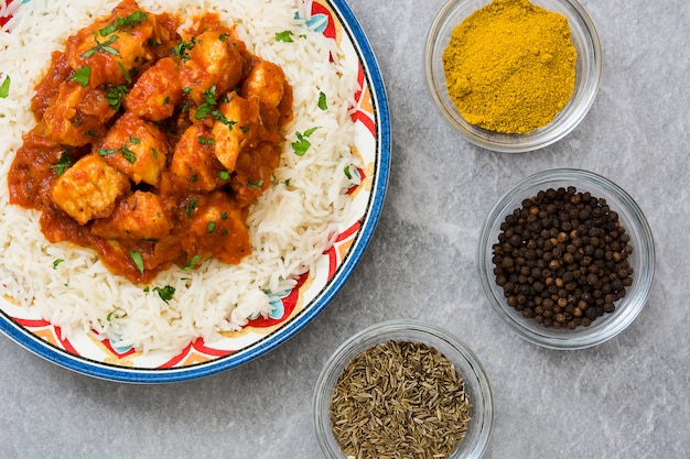 Poulet tikka masala avec riz basmati sur gris