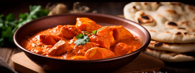 Poulet tikka masala viande au curry épicé nourriture dans une assiette d'argile avec du riz et fond sombre IA générative