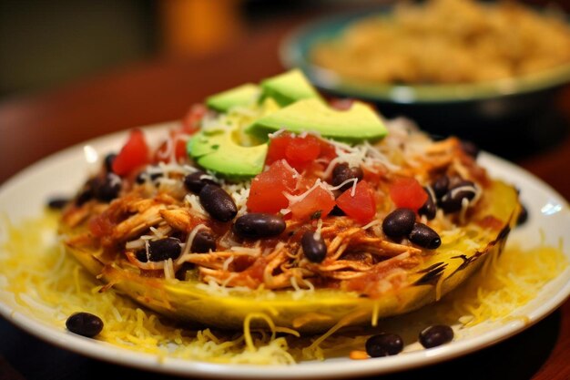 Poulet Tinga farci Spaghetti Squash avec noir