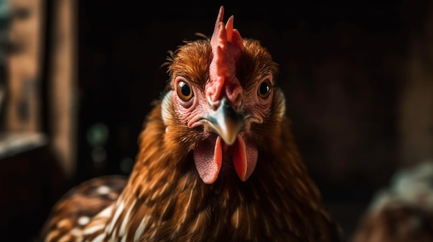 Un poulet avec un visage rouge et un bec rouge