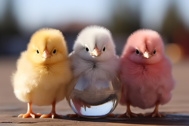 Poulets de couleurs pastel avec coquille d'œuf