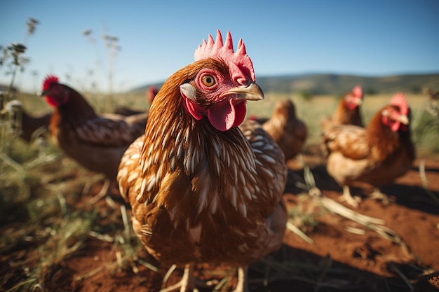 Poulets dans l'élevage traditionnel de volailles en plein air à la campagne