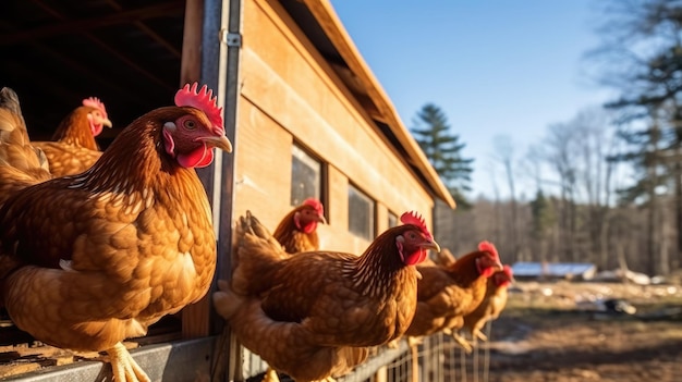 Poulets debout devant un poulailler