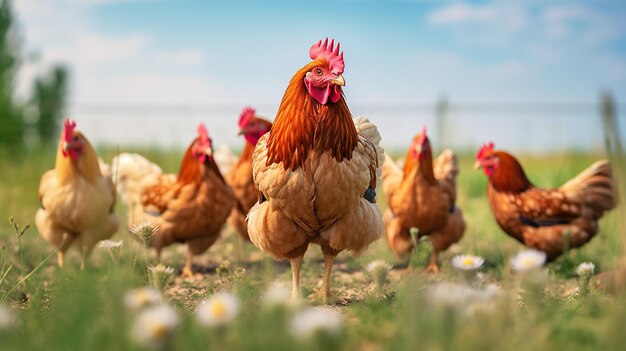 Poulets à la ferme Poulets dans l'herbe IA générative