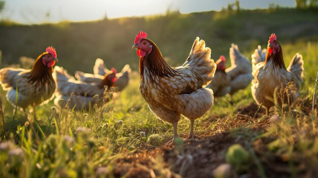 Poulets à la ferme Poulets dans l'herbe IA générative