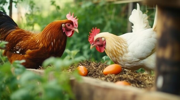 Poulets mangeant des vers nourrissant des protéines pour le poulet Éco ferme de poulets biologique cage libre