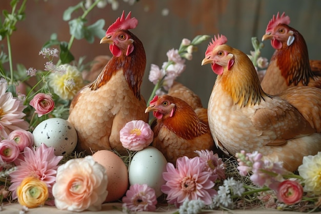 Photo des poulets mignons avec des œufs carte de pâques bonne pâques