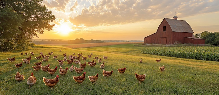 Photo des poulets paissent dans un champ ensoleillé près d'une grange rustique avec un coucher de soleil vibrant en arrière-plan