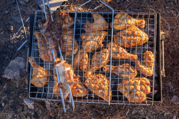 Poulets rôtis sur spit grillés sur le feu flamexA