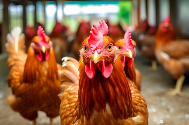 Les poulets rouges paissent gratuitement à la ferme 1