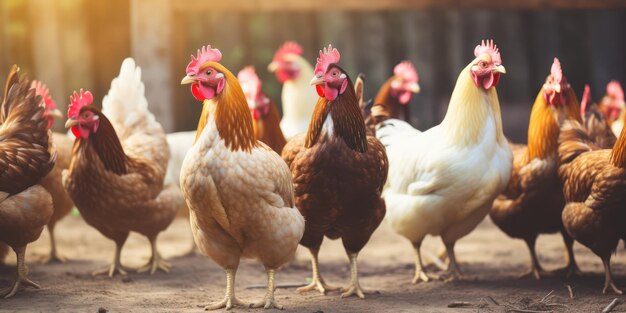 Poulets tôt le matin à la ferme rurale